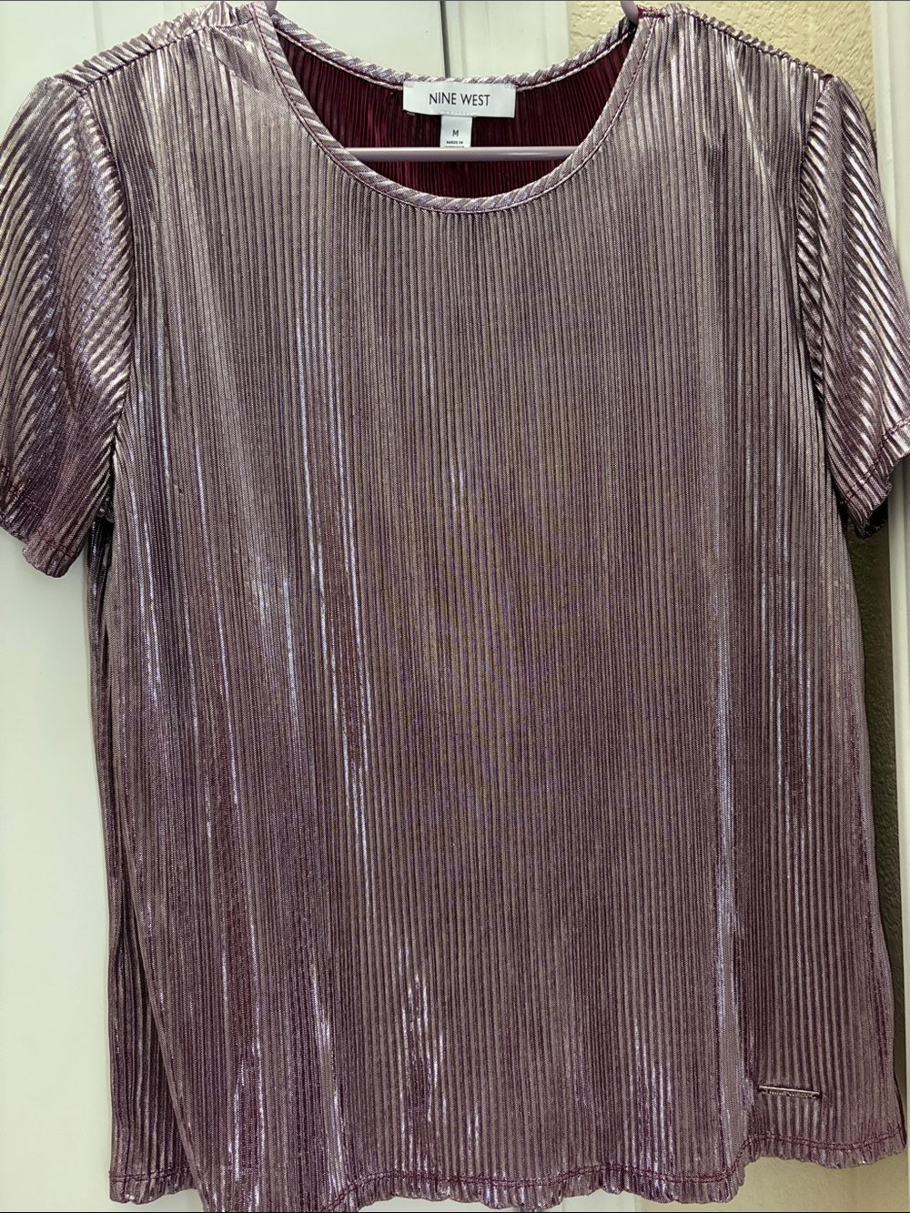 Nine West Metallic Ribbed Short Sleeve Top